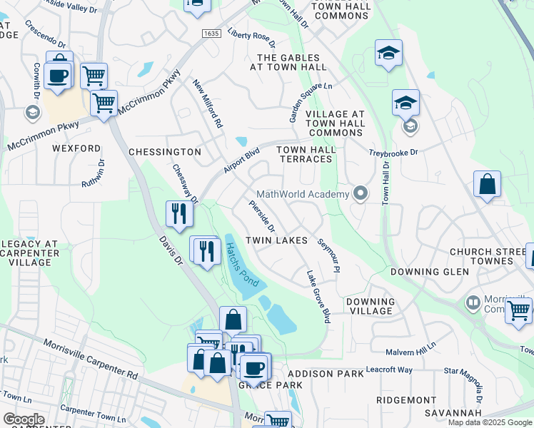 map of restaurants, bars, coffee shops, grocery stores, and more near 716 Pierside Drive in Cary