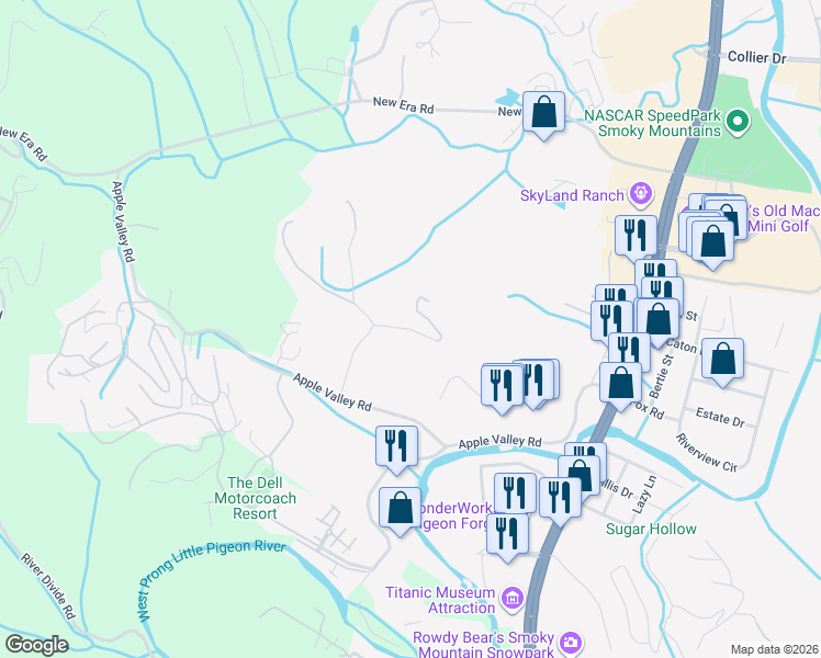 map of restaurants, bars, coffee shops, grocery stores, and more near 310 Teague Lane in Sevierville
