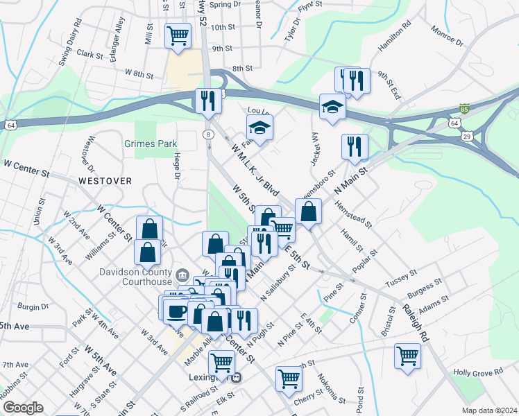map of restaurants, bars, coffee shops, grocery stores, and more near 210 West 5th Street in Lexington