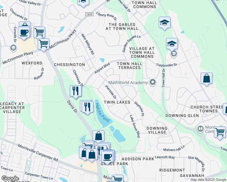 map of restaurants, bars, coffee shops, grocery stores, and more near 716 Pierside Drive in Cary