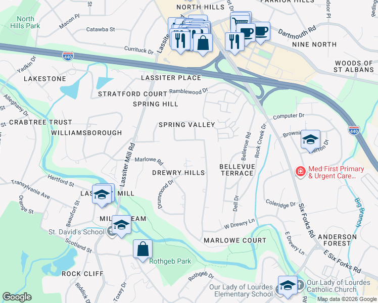 map of restaurants, bars, coffee shops, grocery stores, and more near 3511 Keats Place in Raleigh