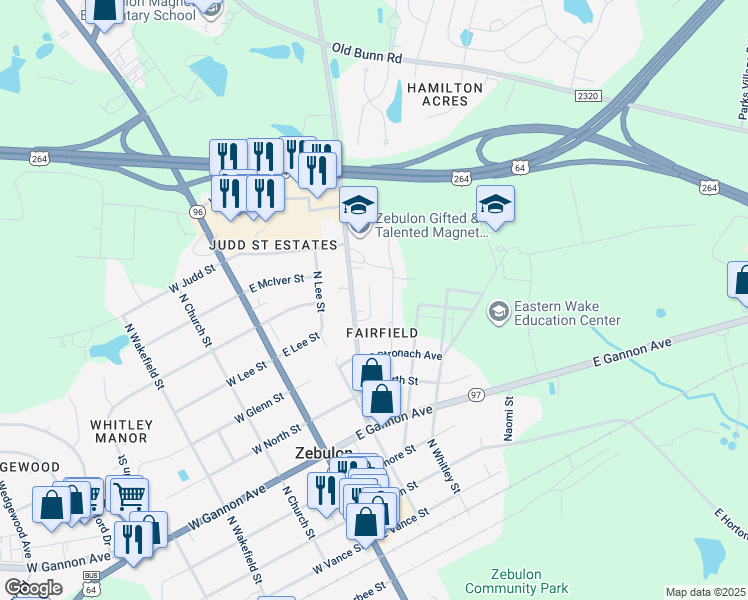 map of restaurants, bars, coffee shops, grocery stores, and more near 626 Shepard School Road in Zebulon