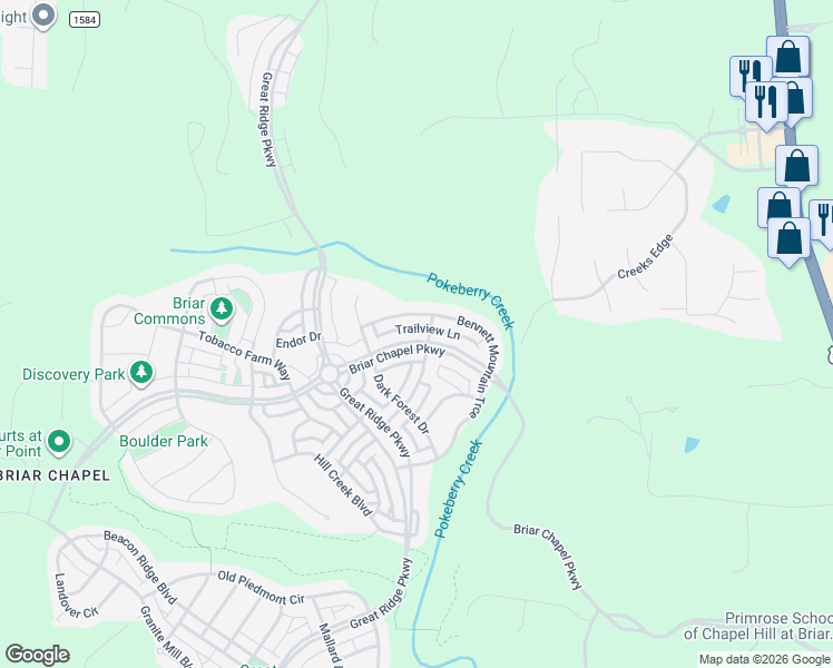 map of restaurants, bars, coffee shops, grocery stores, and more near 1411 Briar Chapel Parkway in Chapel Hill