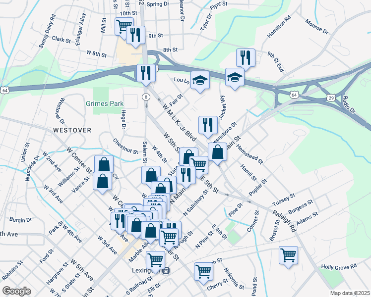 map of restaurants, bars, coffee shops, grocery stores, and more near 210 West 5th Street in Lexington