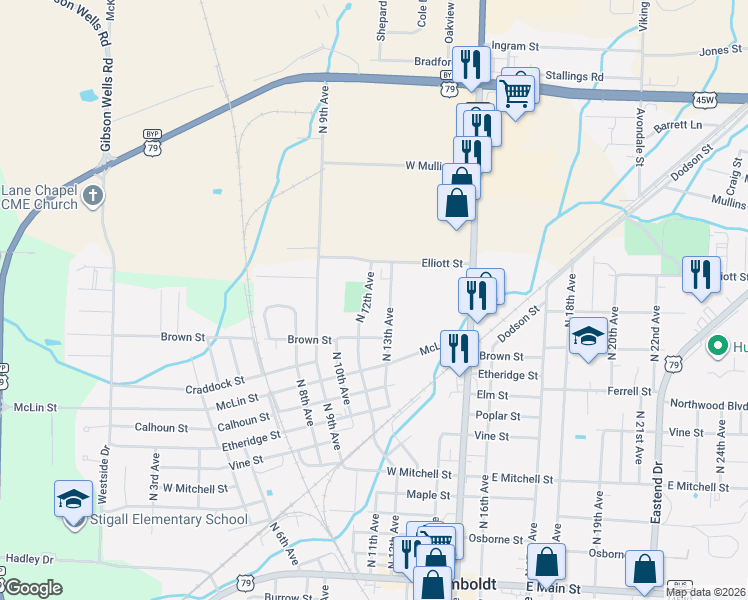 map of restaurants, bars, coffee shops, grocery stores, and more near 1242 North 12th Avenue in Humboldt