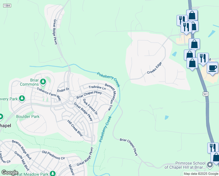 map of restaurants, bars, coffee shops, grocery stores, and more near 449 Bennett Mountain Trace in Chapel Hill