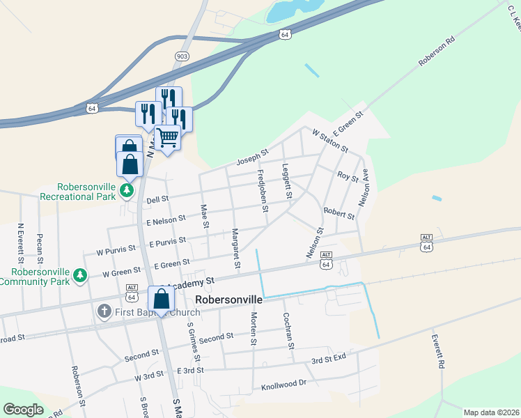 map of restaurants, bars, coffee shops, grocery stores, and more near 416 East Purvis Street in Robersonville