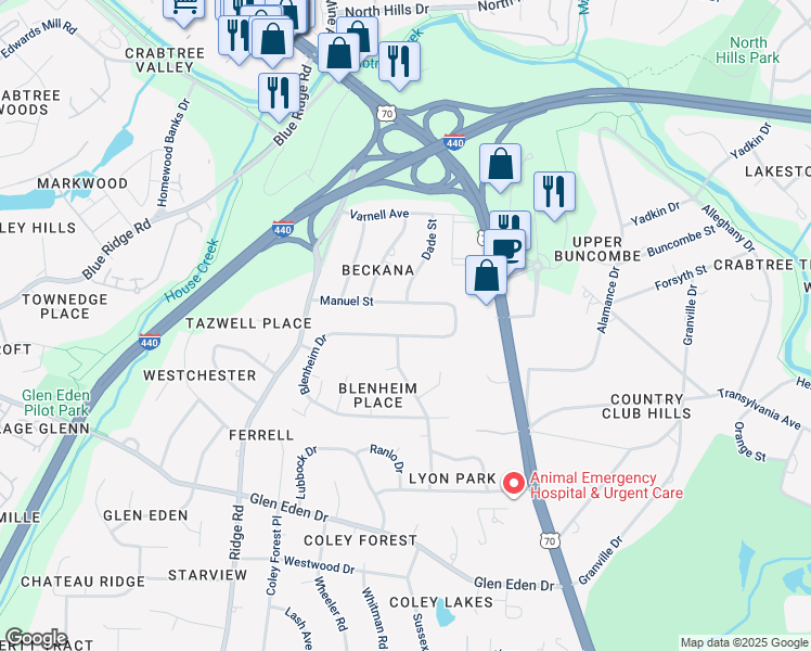 map of restaurants, bars, coffee shops, grocery stores, and more near 1205 Blenheim Drive in Raleigh
