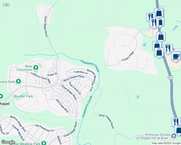 map of restaurants, bars, coffee shops, grocery stores, and more near 449 Bennett Mountain Trace in Chapel Hill