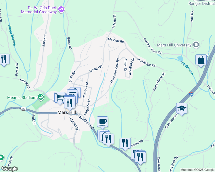 map of restaurants, bars, coffee shops, grocery stores, and more near 367 Mountain View Road in Mars Hill