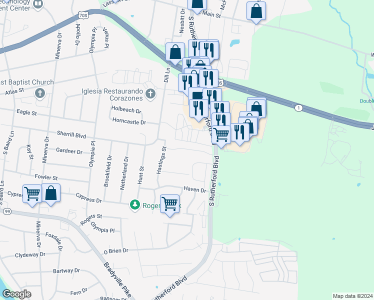 map of restaurants, bars, coffee shops, grocery stores, and more near 2743 South Rutherford Boulevard in Murfreesboro