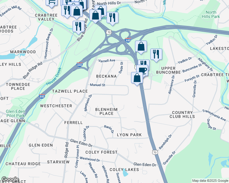 map of restaurants, bars, coffee shops, grocery stores, and more near 1205 Blenheim Drive in Raleigh