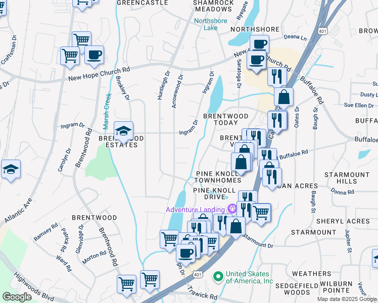 map of restaurants, bars, coffee shops, grocery stores, and more near 3712 Marlin Court in Raleigh