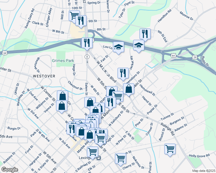 map of restaurants, bars, coffee shops, grocery stores, and more near 212 West 5th Street in Lexington