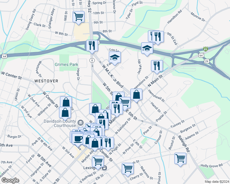 map of restaurants, bars, coffee shops, grocery stores, and more near 214 West 5th Street in Lexington