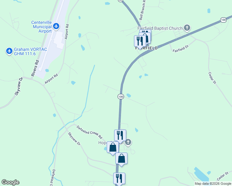 map of restaurants, bars, coffee shops, grocery stores, and more near 1563 Tennessee 100 in Centerville