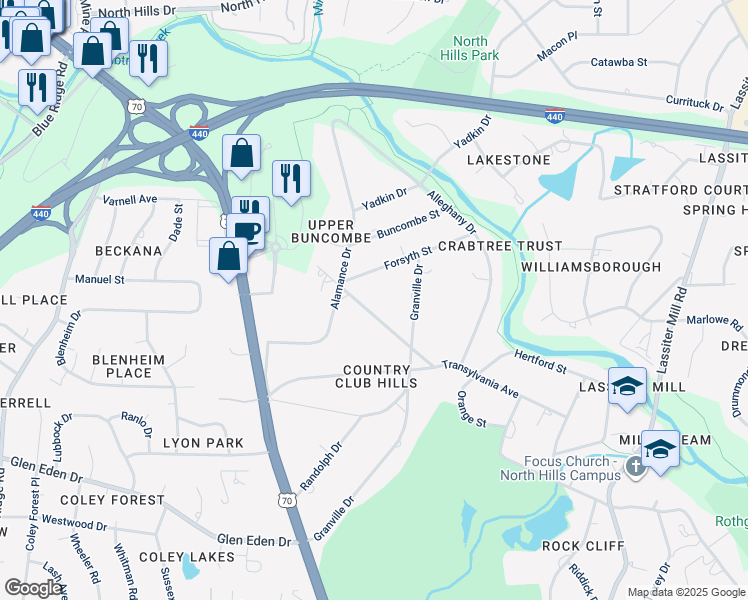 map of restaurants, bars, coffee shops, grocery stores, and more near 313 Transylvania Avenue in Raleigh