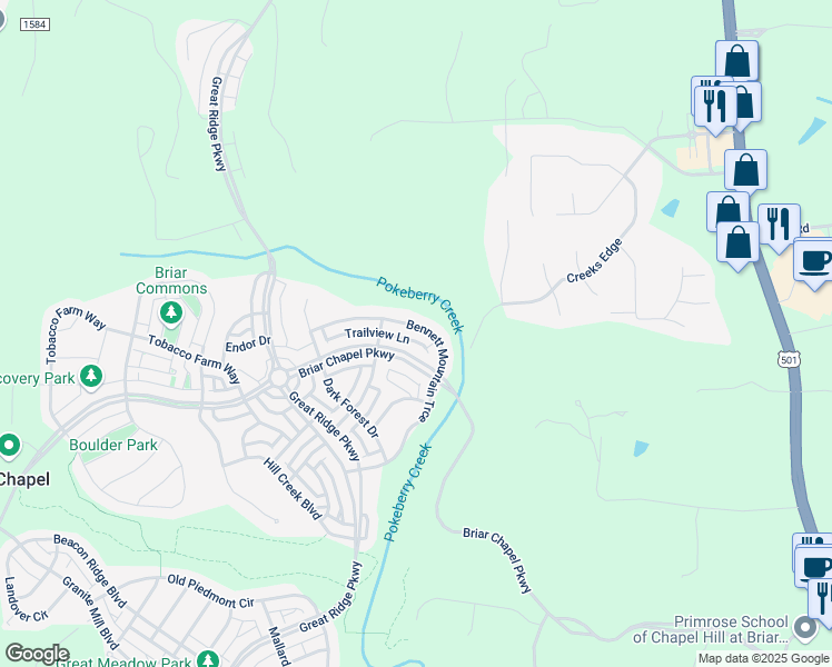 map of restaurants, bars, coffee shops, grocery stores, and more near 465 Bennett Mountain Trce in Chapel Hill
