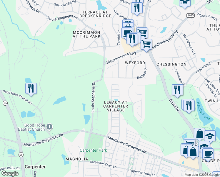 map of restaurants, bars, coffee shops, grocery stores, and more near 254 Linden Park Lane in Cary