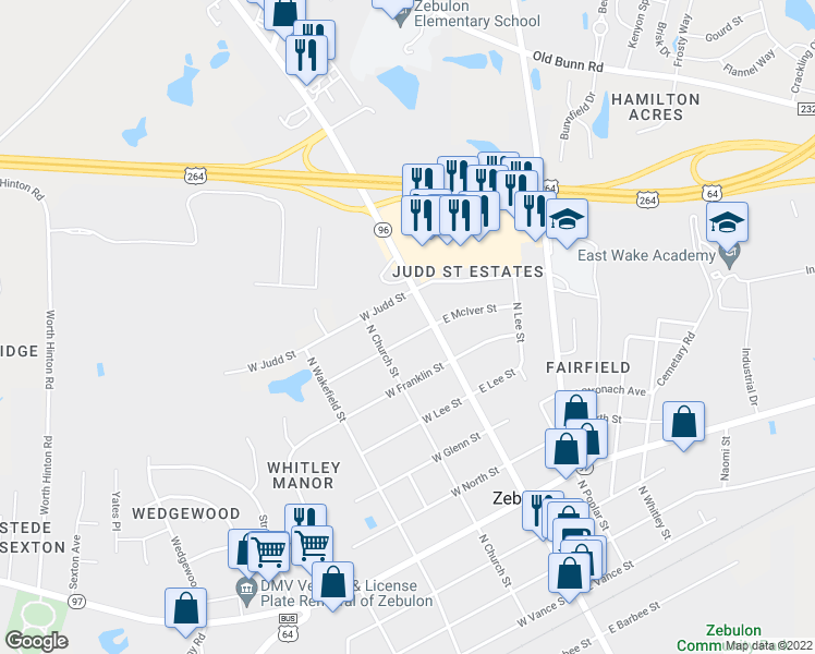 map of restaurants, bars, coffee shops, grocery stores, and more near 110 West McIver Street in Zebulon