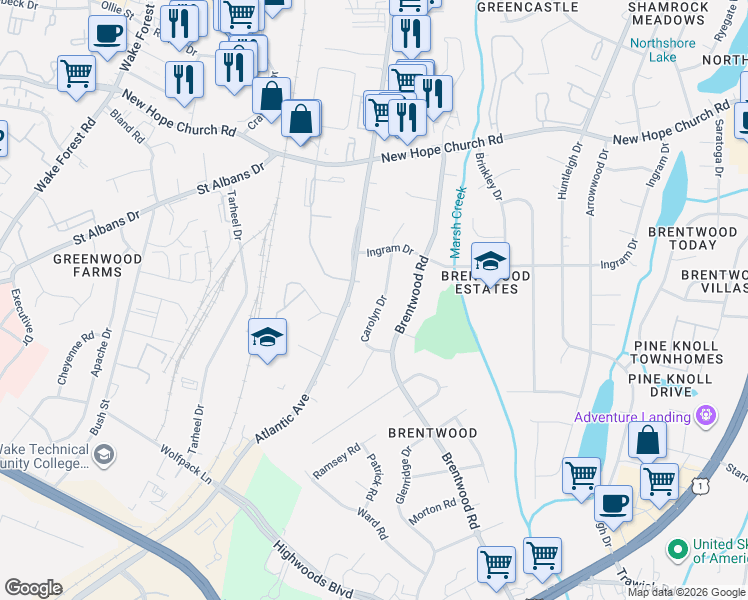 map of restaurants, bars, coffee shops, grocery stores, and more near 3528 Carolyn Drive in Raleigh