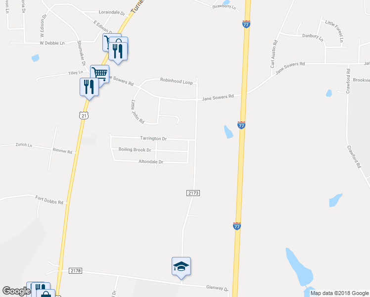 map of restaurants, bars, coffee shops, grocery stores, and more near 112 Kingsgate Court in Statesville