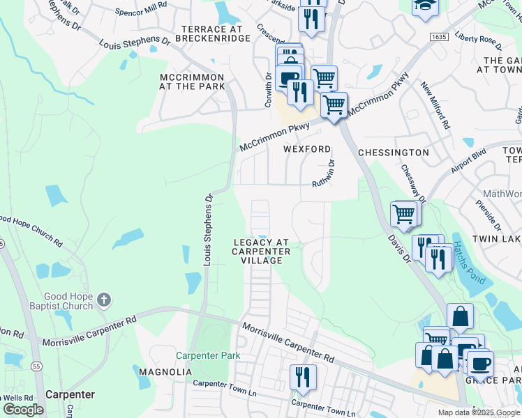 map of restaurants, bars, coffee shops, grocery stores, and more near 230 Linden Park Lane in Cary
