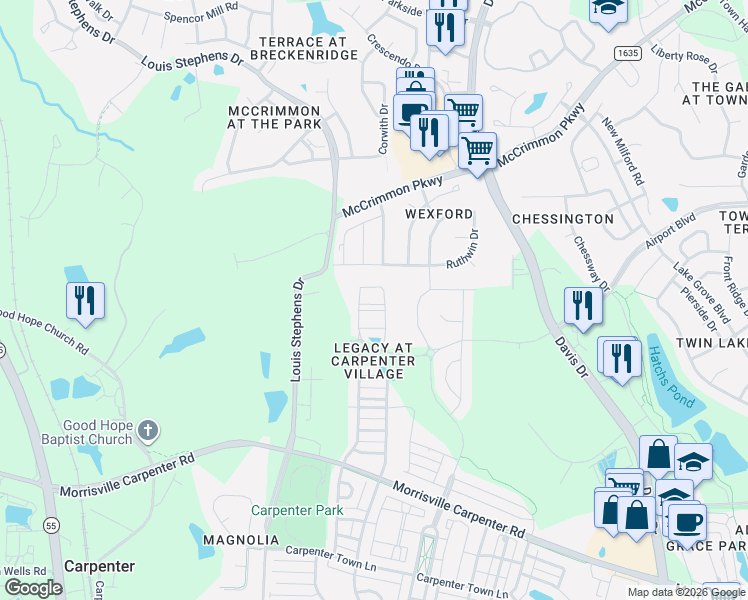 map of restaurants, bars, coffee shops, grocery stores, and more near 230 Linden Park Lane in Cary