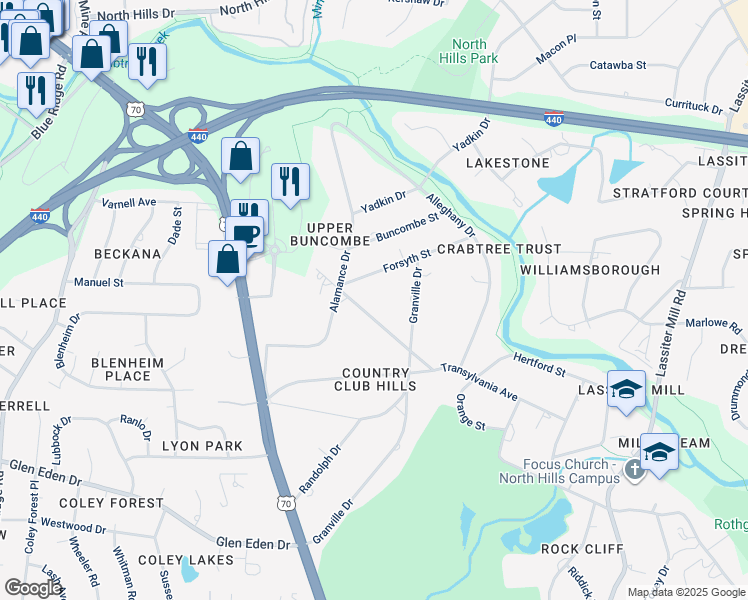 map of restaurants, bars, coffee shops, grocery stores, and more near 313 Transylvania Avenue in Raleigh