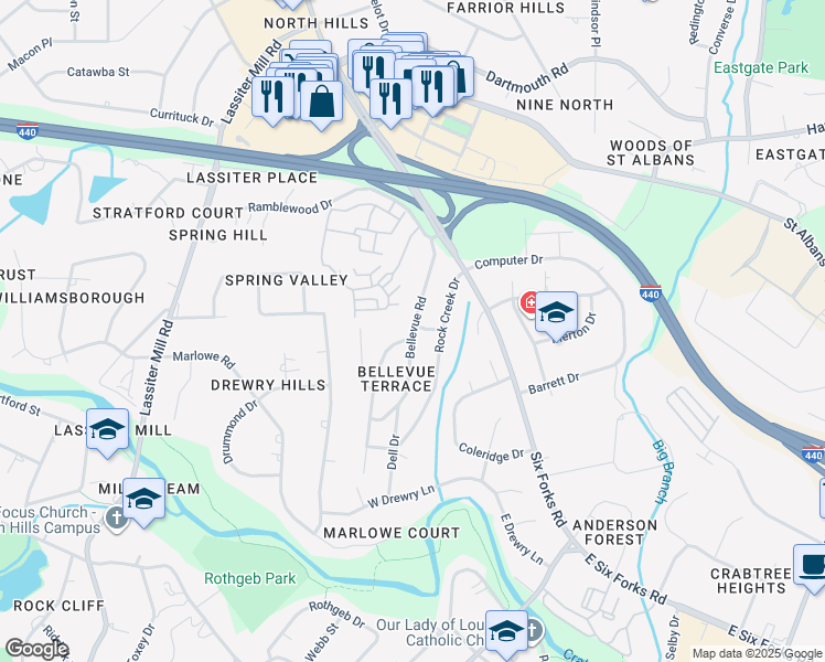 map of restaurants, bars, coffee shops, grocery stores, and more near Bellevue Road in Raleigh