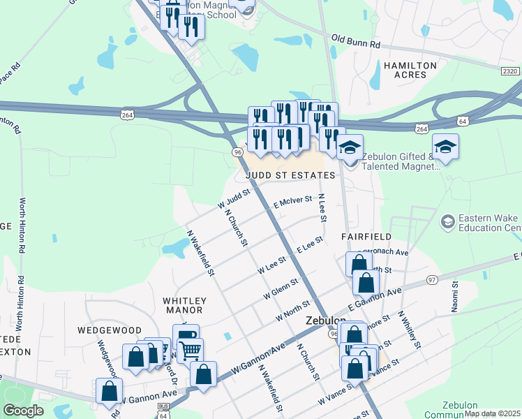 map of restaurants, bars, coffee shops, grocery stores, and more near 101 East McIver Street in Zebulon