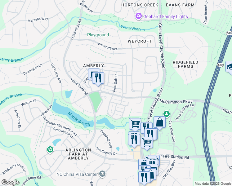 map of restaurants, bars, coffee shops, grocery stores, and more near 7556 McCrimmon Parkway in Cary