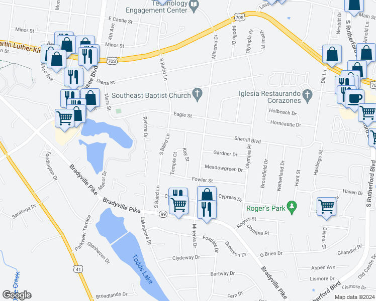 map of restaurants, bars, coffee shops, grocery stores, and more near 903 Kay Street in Murfreesboro