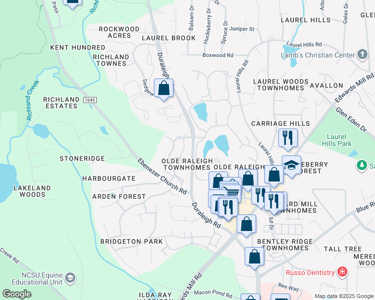 map of restaurants, bars, coffee shops, grocery stores, and more near 3521 Barron Berkeley Way in Raleigh