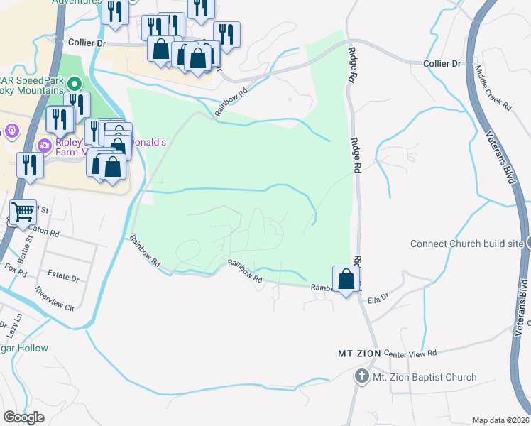 map of restaurants, bars, coffee shops, grocery stores, and more near 1563 Rainbow Ridge Way in Sevierville