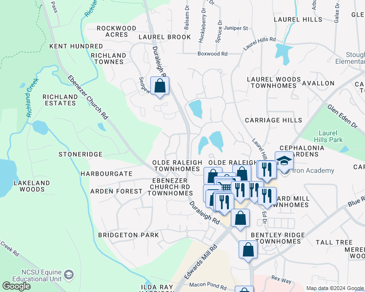map of restaurants, bars, coffee shops, grocery stores, and more near 3521 Barron Berkeley Way in Raleigh