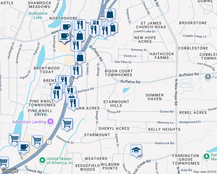map of restaurants, bars, coffee shops, grocery stores, and more near 3500 Buffaloe Road in Raleigh