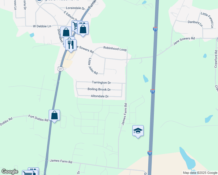 map of restaurants, bars, coffee shops, grocery stores, and more near 141 Tarrington Drive in Statesville