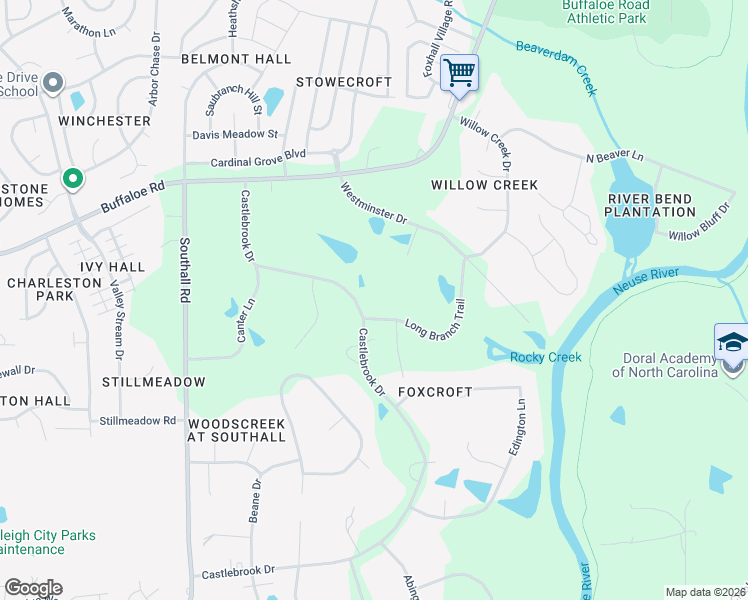 map of restaurants, bars, coffee shops, grocery stores, and more near 6100 Castlebrook Drive in Raleigh