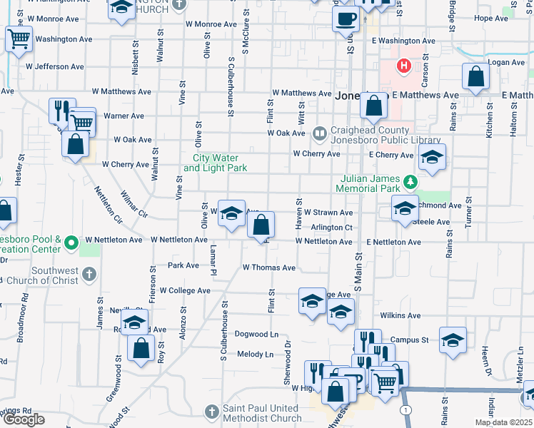 map of restaurants, bars, coffee shops, grocery stores, and more near 1307 Flint Street in Jonesboro