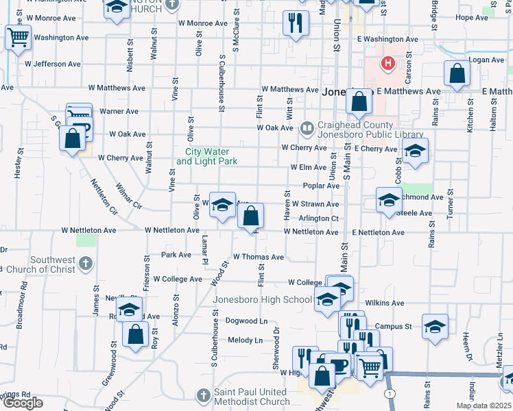map of restaurants, bars, coffee shops, grocery stores, and more near 1307 Flint Street in Jonesboro