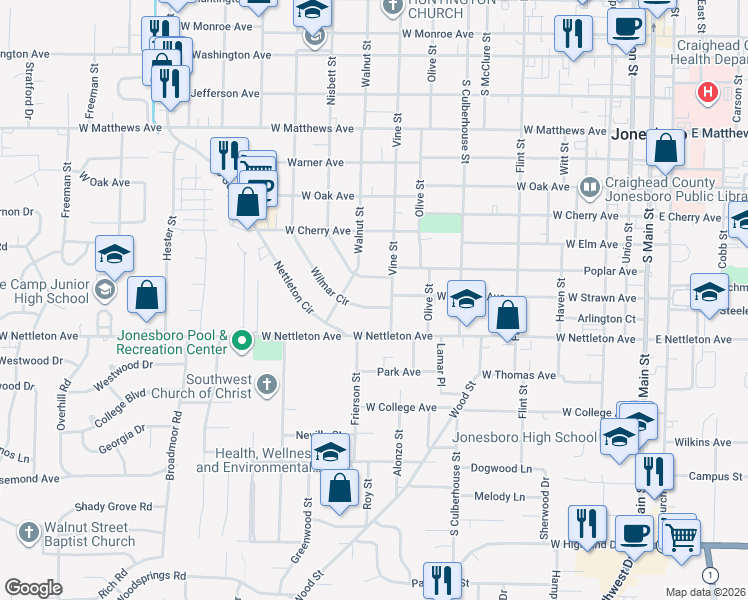map of restaurants, bars, coffee shops, grocery stores, and more near 904 Wilmar Circle in Jonesboro
