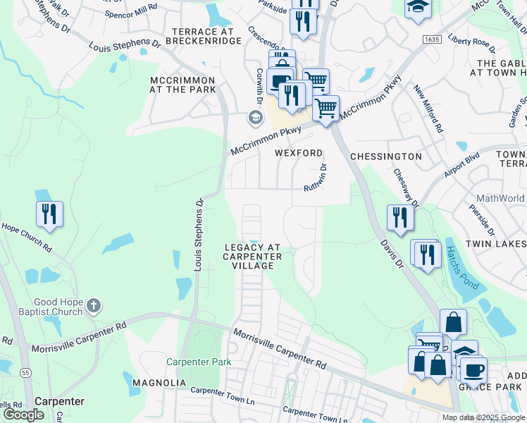 map of restaurants, bars, coffee shops, grocery stores, and more near 212 Linden Park Lane in Cary