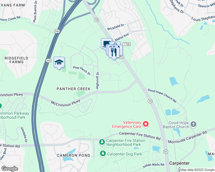map of restaurants, bars, coffee shops, grocery stores, and more near 5110 Alston Glen Drive in Cary
