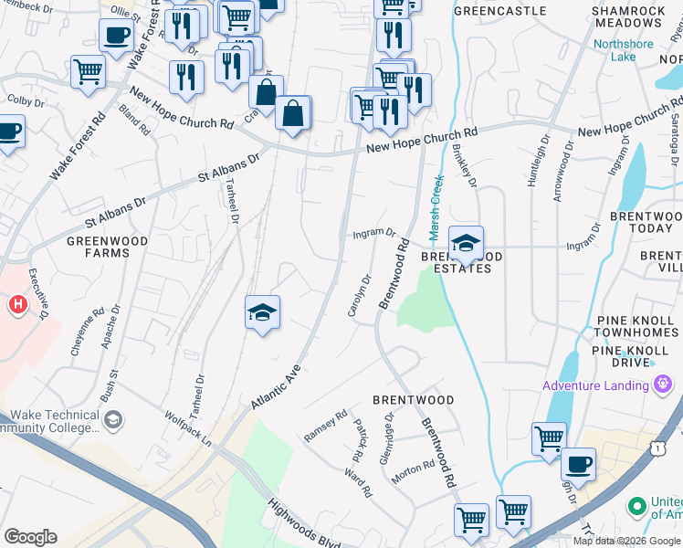 map of restaurants, bars, coffee shops, grocery stores, and more near 3500 Atlantic Avenue in Raleigh