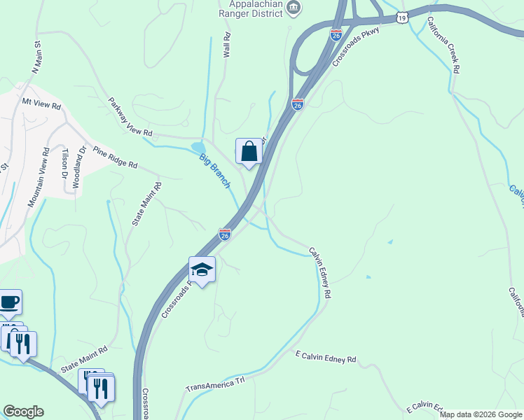 map of restaurants, bars, coffee shops, grocery stores, and more near Crossroads Parkway in Mars Hill