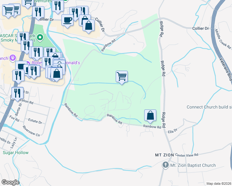 map of restaurants, bars, coffee shops, grocery stores, and more near 1563 Rainbow Ridge Way in Sevierville