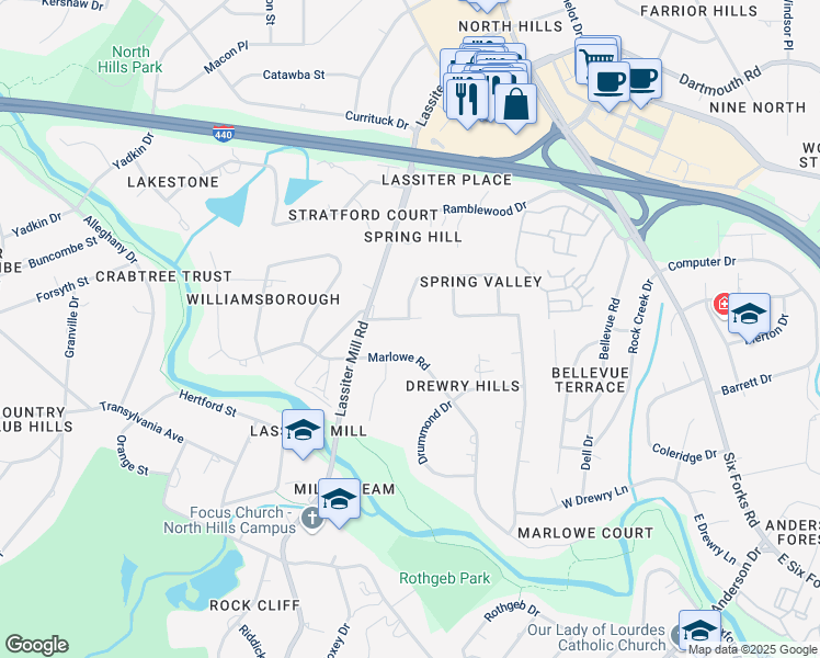 map of restaurants, bars, coffee shops, grocery stores, and more near 512 Hillandale Drive in Raleigh