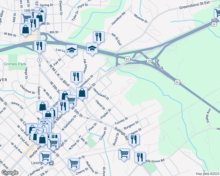 map of restaurants, bars, coffee shops, grocery stores, and more near 102 Franklin Street in Lexington