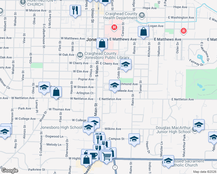 map of restaurants, bars, coffee shops, grocery stores, and more near 1300 South Church Street in Jonesboro